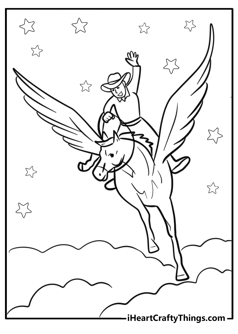 Men flying on pegasus coloring page