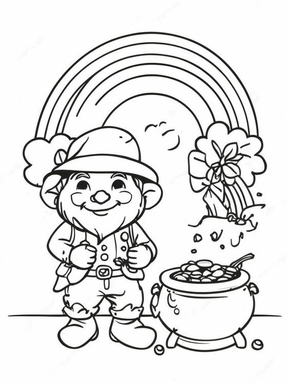 Leprechaun Next To Pot Of Gold And Rainbow