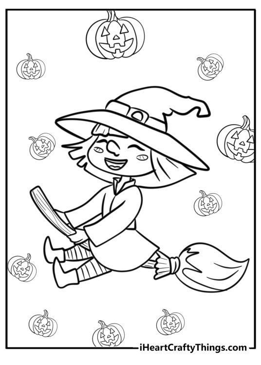 Witch flying over a full moon free Halloween coloring page pdf