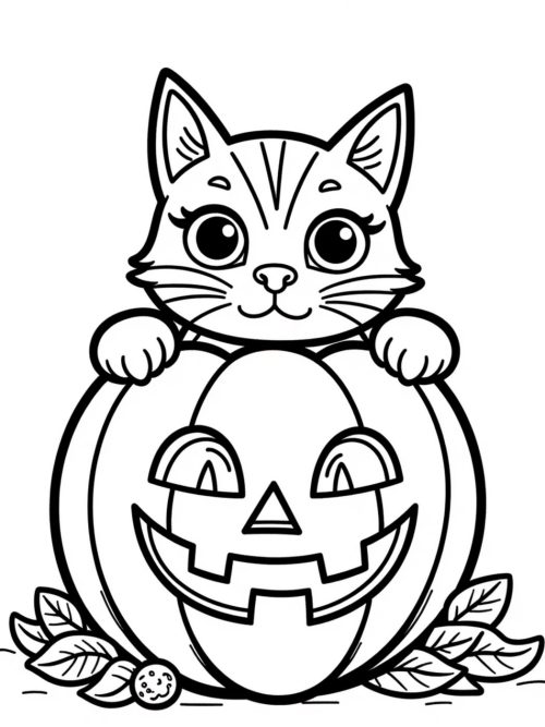Halloween Jack-o'-Lantern with a cat peeking from behind