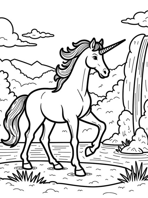 Realistic unicorn with a flowing mane near a waterfall