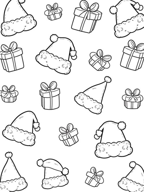 Repeating pattern of Santa hats and gift boxes