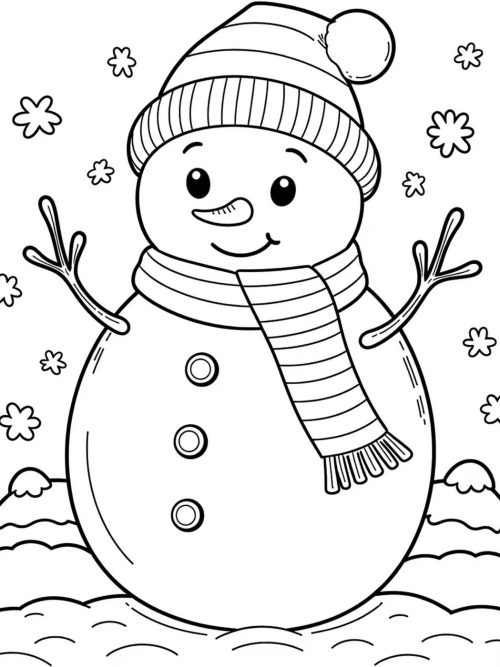 Christmas snowman in a winter scene with snowflakes