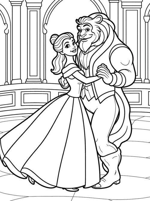 Belle dancing with the Beast in a grand ballroom