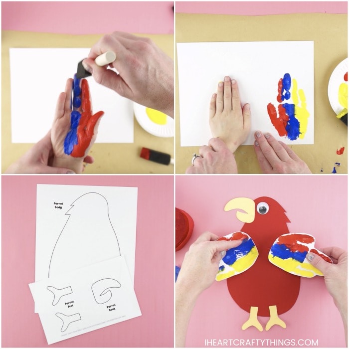 Four image square collage showing steps for how to make a handprint parrot craft.