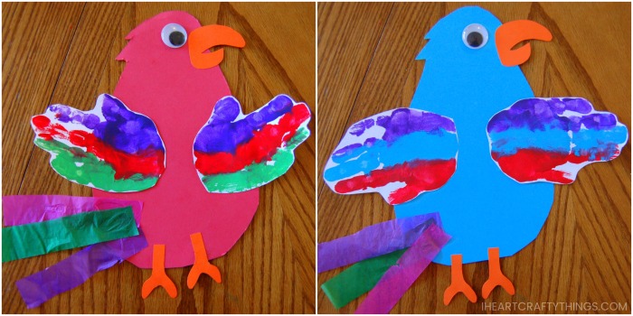 side by side image of a red parrot craft and blue parrot craft.