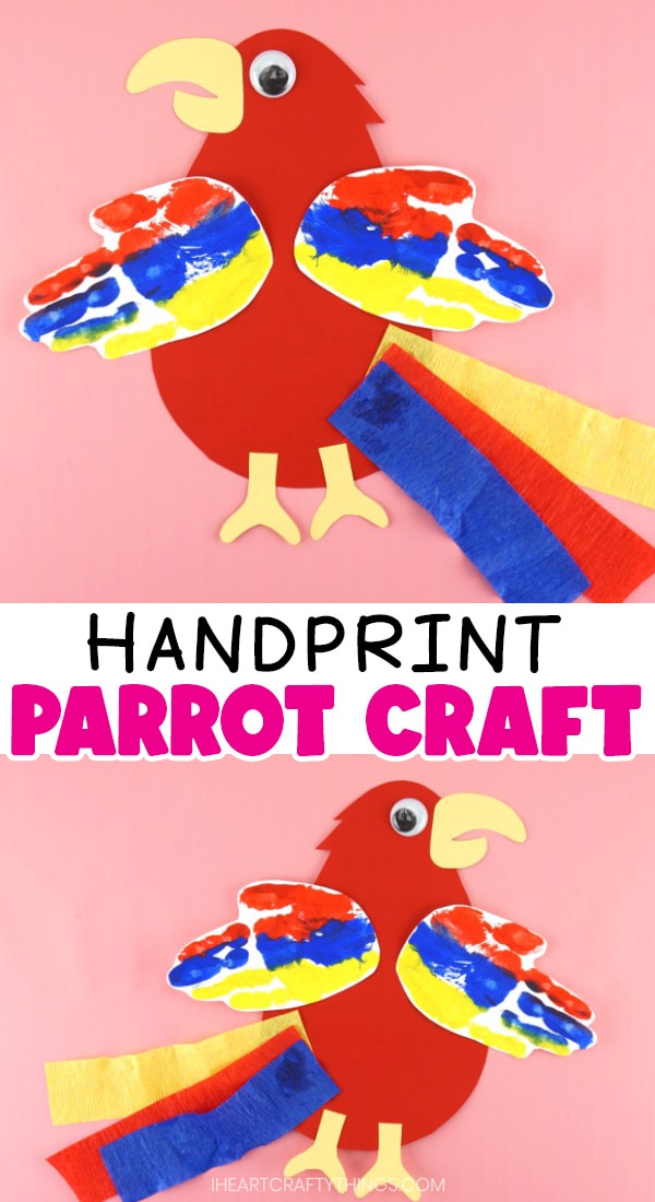 Vertical image with two parrot crafts facing opposite directions with the text 'handprint parrot craft' in the center.