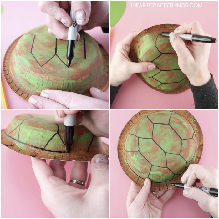 square four image collage with pictures showing how to make a sea turtle craft