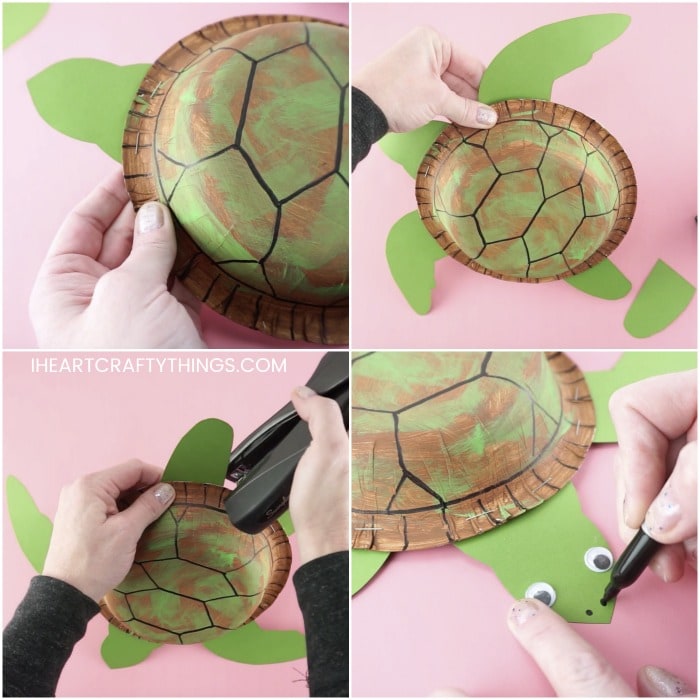 square four image collage showing steps for how to make a sea turtle craft