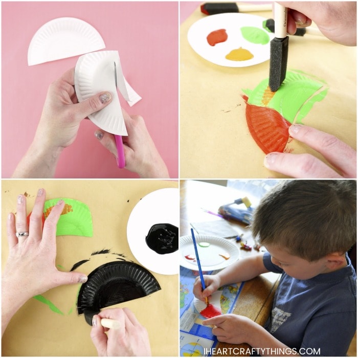 Four image collage showing steps for making a toucan craft.