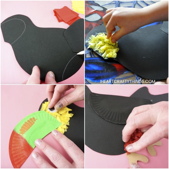 Square collage image showing step by step how to make a toucan craft.