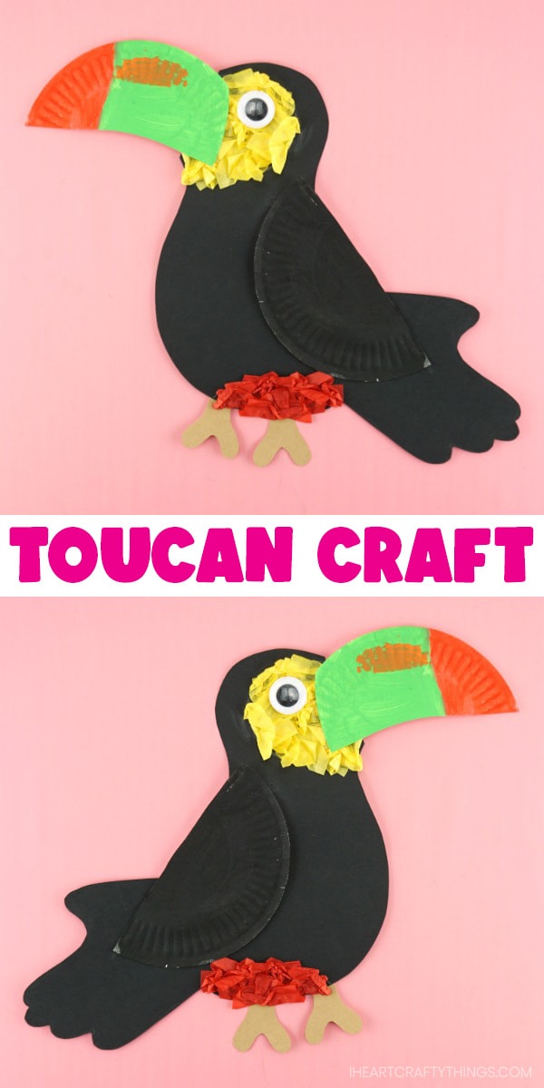 Vertical collage image with two toucan crafts facing opposite directions.