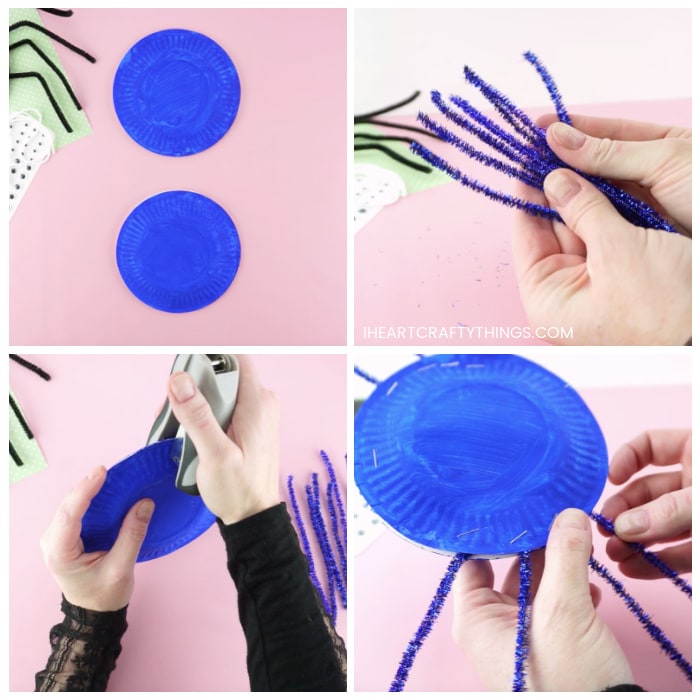 Four image collage showing two painted paper plates, four pipe cleaners cut in half for spider legs, and an adult stapling together plates and stapling pipe cleaner around the edge to make a paper plate spider.