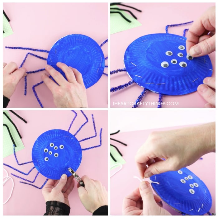 Four image collage showing an adult making a bend in the spider pipe cleaner legs, gluing googly eyes on the spider and attaching a string to the top of the paper plate spider for hanging.