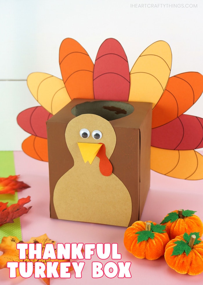 Vertical close up image of thankful turkey box made out of an empty tissue box. Words "Thankful Turkey Box" written in bottom left corner of image.