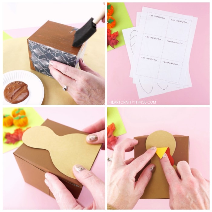 Four image collage showing adult painting the tissue box with brown paint, the printed out turkey template and adult gluing the turkey pieces on the front of the tissue box.