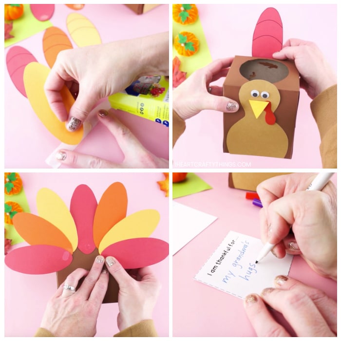 Four image collage showing adult attaching Glue Dot to the paper feathers and then gluing them around the back of the turkey box. Last image shows adult writing what they are thankful for on the writing cards.