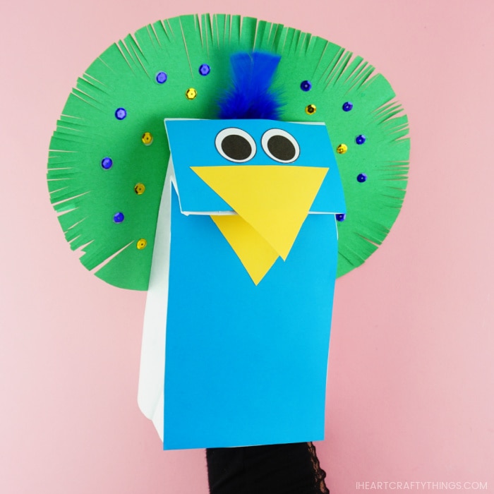 Adult hand and arm inside the paper bag peacock puppet showing how to move the beak open and closed.