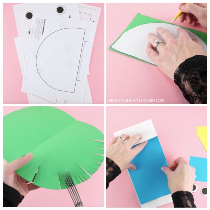 Four image collage showing printed out puppet template, adult hands tracing template on green construction paper, cutting slits in the peacock wings with scissors and gluing the blue peacock body piece onto the paper lunch bag for the puppet.