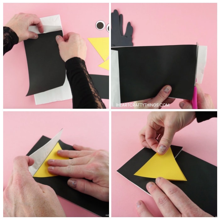 Four image collage showing adult gluing the crow body piece on the paper bag, cutting off the excess at the bottom of the paper bag, and gluing the crow face and beak onto the crow puppet.