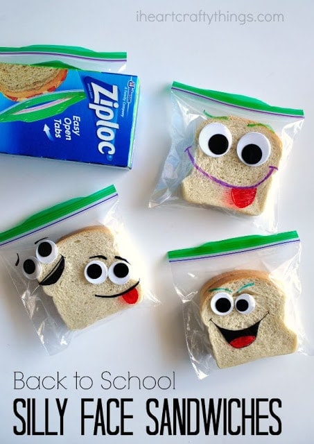 These back-to-school DIY silly face sandwich bags make perfect lunch box notes for the first day of school. Fun school lunch ideas for kids.