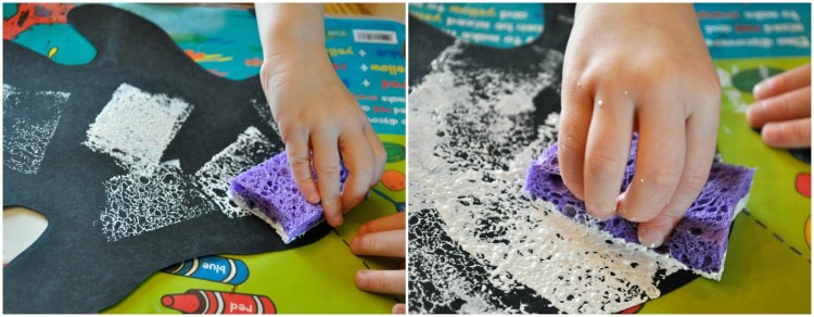 Two image collage showing a child painting a black paper ghost template with a sponge dipped in white paint.