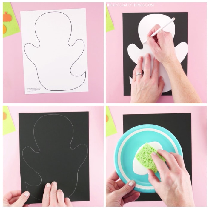 Four image collage showing printed out ghost template, adult tracing the template onto a black cardstock paper with a white pencil and adult dabbing sponge into white paint on a paper plate.