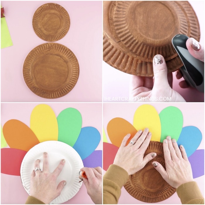 Four image collage showing the painted small and large paper plate, how to staple them together to make the turkey and how to glue the rainbow feathers around the paper plate turkey.