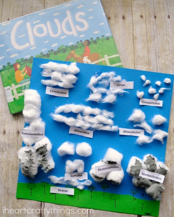 Finished cotton ball cloud craft laying on top of book called Clouds.