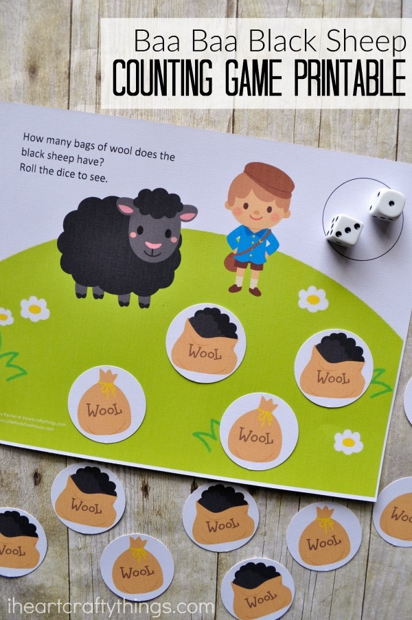 Vertical image of counting game set up with the text "Baa Baa Black Sheep Counting Game Printable" in the top right corner.