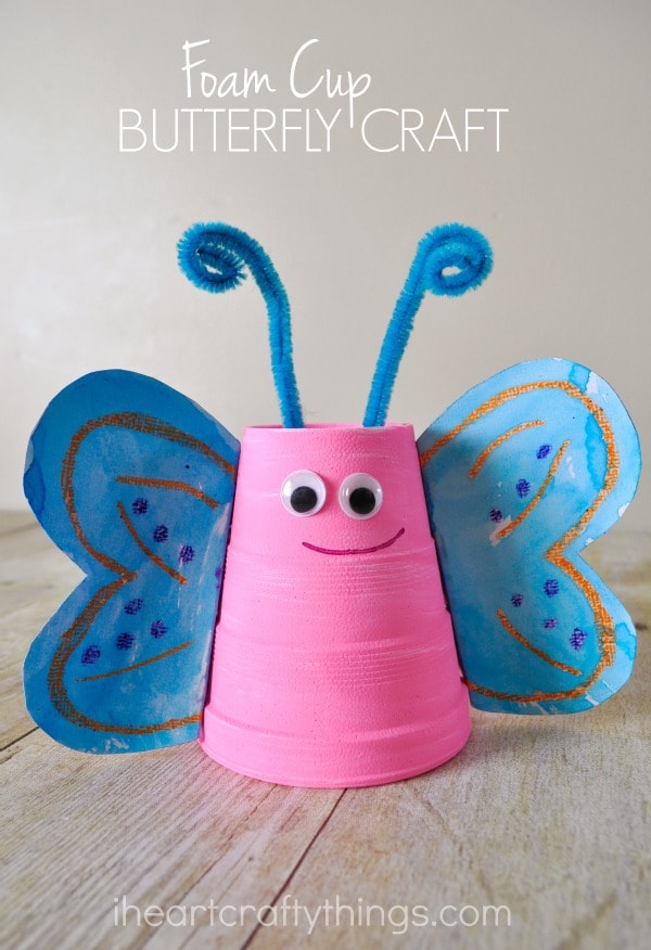 Pink and blue butterfly craft with the words "Foam Cup Butterfly Craft" in the top center.