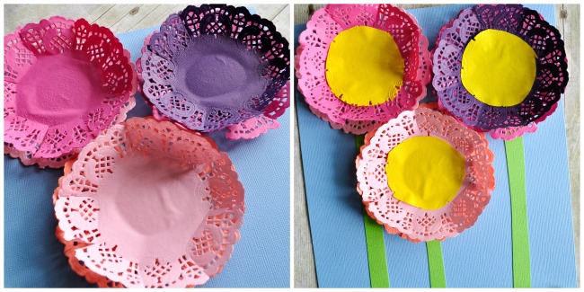 Two image collage showing how to glue the paper doilies on the blue cardstock paper, and then how to glue the yellow circle and stems onto the flowers.