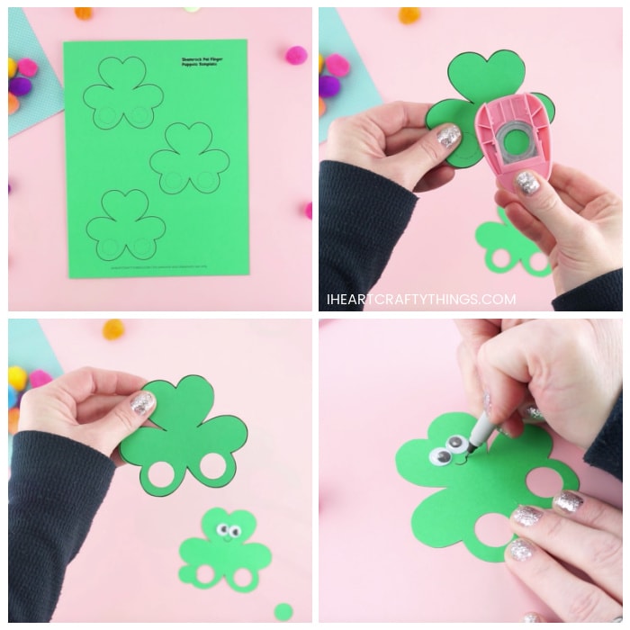 Four image collage showing the printed out shamrock puppets template, how to cut out the holes in the shamrock puppets, and how to add googly eyes and draw a smile on your shamrock finger puppets.