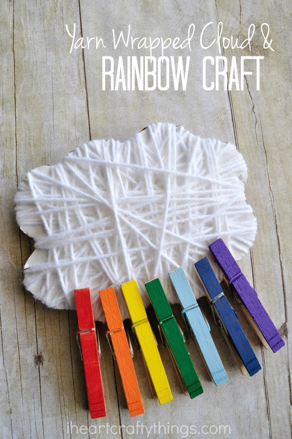 Vertical image of yarn wrapped cloud and rainbow craft put together with the words "Yarn Wrapped Cloud & Rainbow Craft".