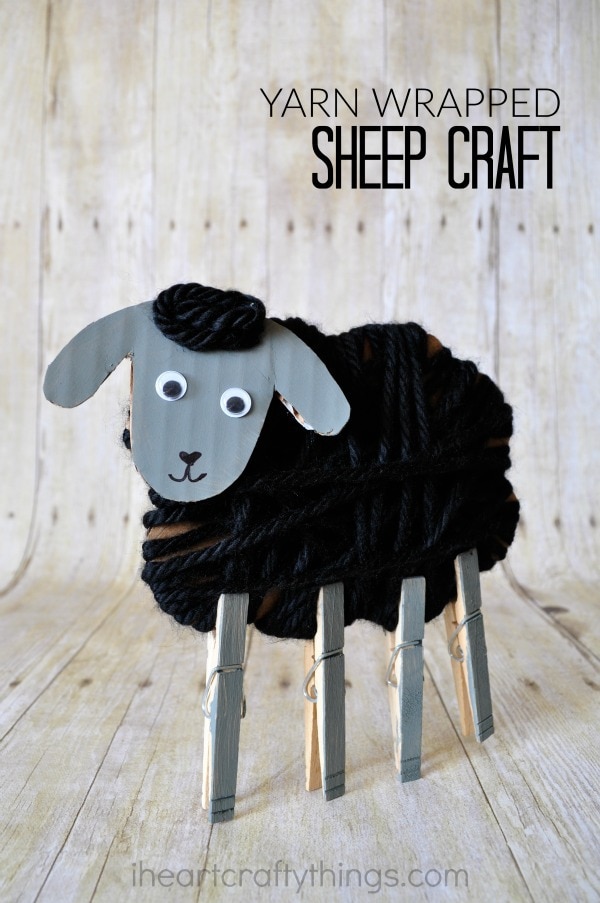 Vertical image of kids sheep craft with the words "Yarn Wrapped Sheep Craft" in the top right corner.