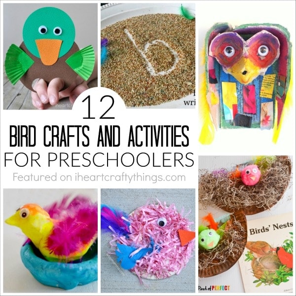 collage image showing 6 bird crafts and activities for preschoolers.