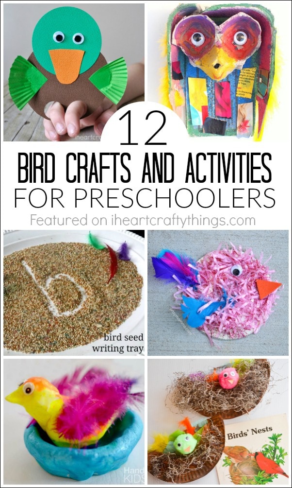 vertical image showing bird crafts and activities for preschoolers.