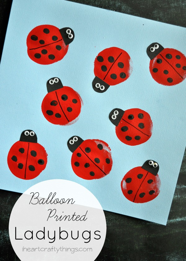 vertical image of ladybug craft with the words "balloon printed ladybugs" in the bottom left corner.