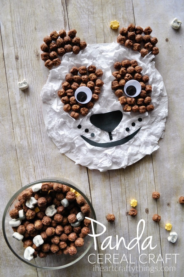 Vertical image of Kung Fu panda craft at top and a bowl of Kung Fu Panda cereal at the bottom with the words "Panda Cereal Craft" in the bottom right corner.