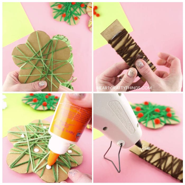 Four image collage showing adult wrapping green yarn around carboard tree top piece, adult wrapping brown yarn around tree trunk piece, adult adding glue and tissue paper flowers to tree top and adult hot gluing tree top onto tree trunk.