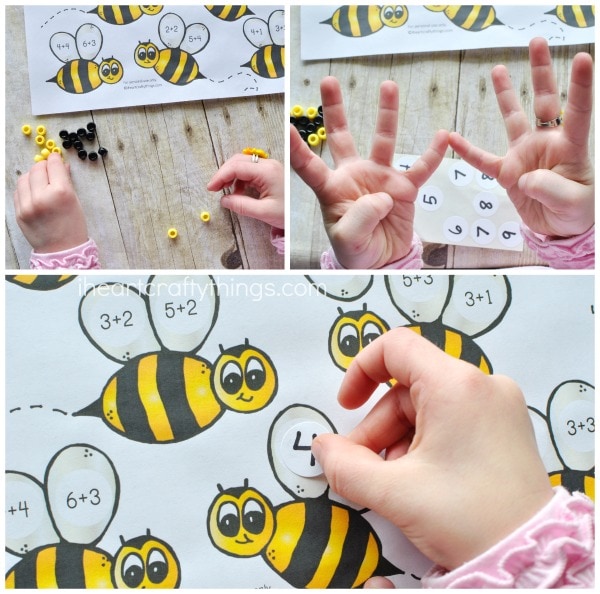 collage image showing child using their fingers to count, counting pony beads and placing the number sticker on the math printable.