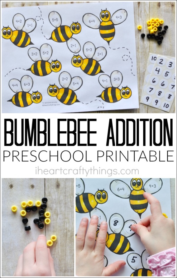 collage image of addition preschool printable on top and child working on it on bottom with the words "bumblebee addition preschool printable" in the center.