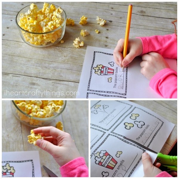 Collage image showing a child making the five senses mini book.