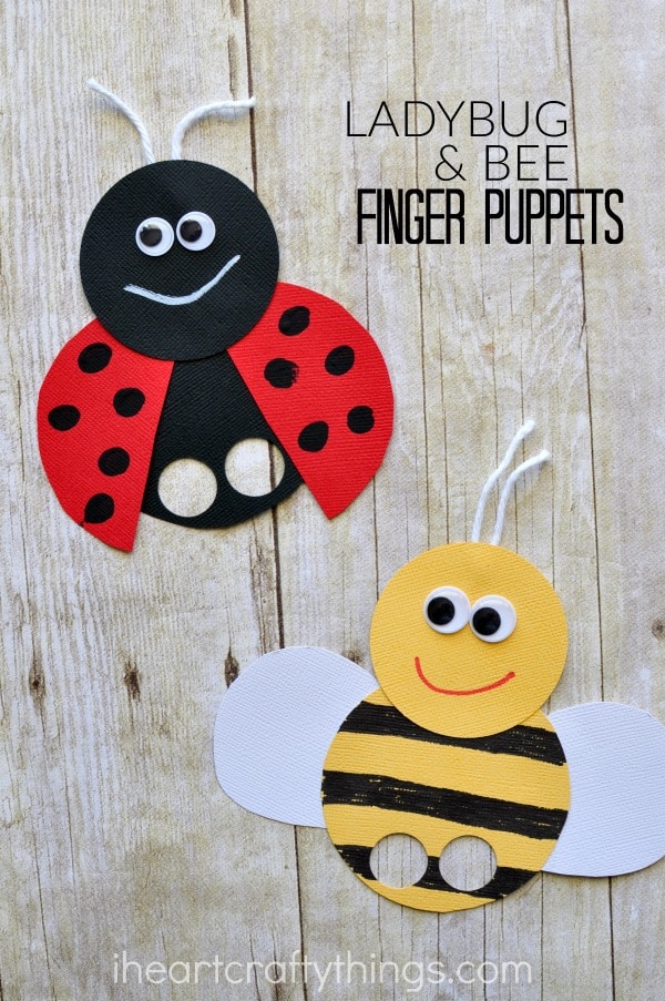 vertical image of ladybug finger puppet and bee finger puppet with the words "ladybug & bee finger puppets" in top right corner.