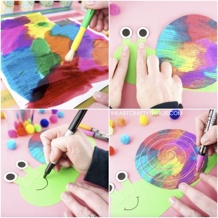 Four image collage showing a woman painting a piece of newspaper with watercolors, assembling the snail craft together, and using markers to draw a mouth and lines on the snail shell.