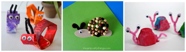 three image collage showing three snail craft ideas for kids