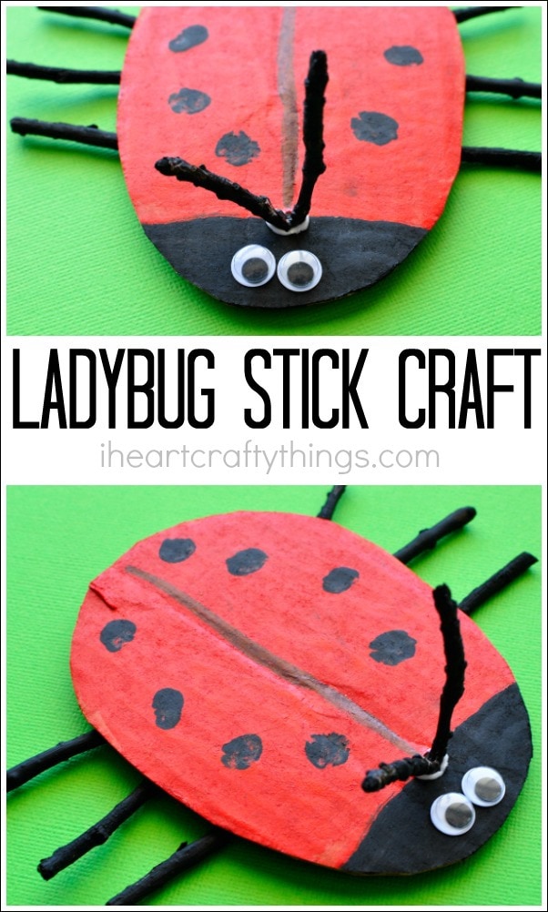 two image collage showing two different image and angle of the ladybug craft with the words "ladybug stick craft" in the center