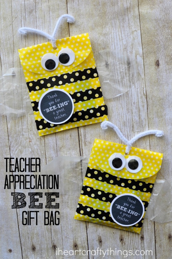 vertical photo of two diy teacher gift bags with the words "teacher appreciation bee gift bag"