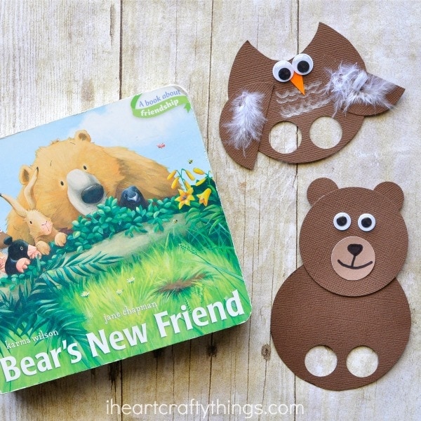 In honor of this adorable story we made this Bear's New Friend Craft. These bear and owl finger puppets are so cute for imaginative play time and you can use them to help you read and retell the story, Bear's New Friend. Fun animal craft for kids.