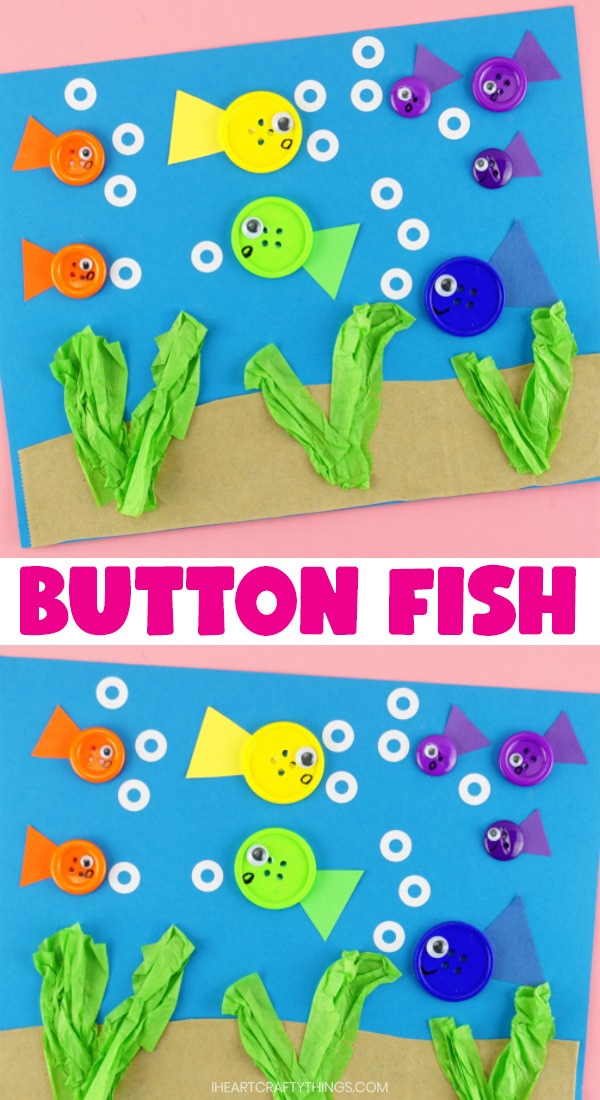 vertical collage image with two close up images of finished button fish craft and the words "button fish craft" in the center